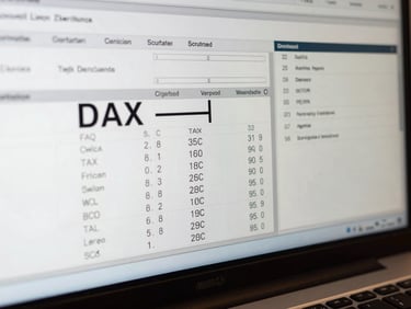 Macro shot of a computer monitor displaying clean DAX formulas and structured SQL database pipelines, high-contrast technical aesthetic.