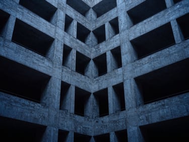 Abstract quantum physics diagram, deep blue and slate tones, sharp lines, symmetrical composition, 35mm