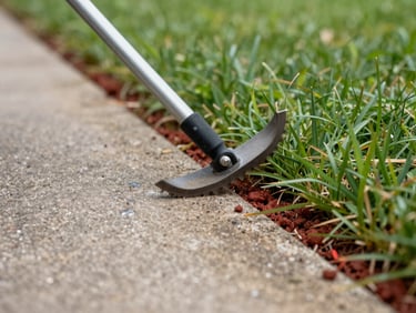 Close-up ground-level framing of a lawn edger cutting a sharp line along a concrete path, red Darwin soil visible at the edge, wet-season green grass in sharp contrast, natural daylight from a low angle, equipment blade in motion