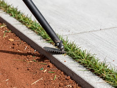 Close detail of a line trimmer cutting a crisp edge along a concrete path on a Darwin property, freshly cut grass clippings on red soil, bright natural light