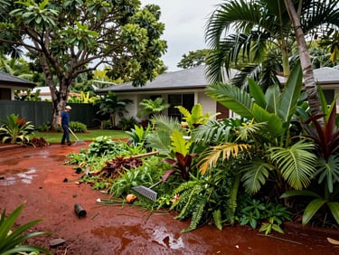 Wide shot of a Darwin residential yard mid-clean-up, overgrown tropical vegetation being cleared, crew member working with a rake near native trees, red earth visible, humid daylight