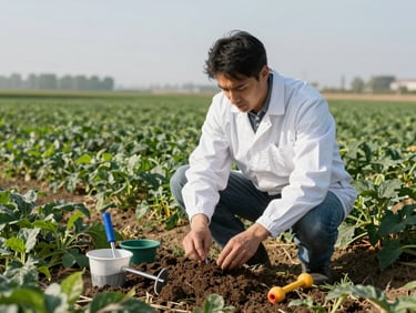 Agronomist taking a soil sample in a field, with specialized tools, under clear daylight.
