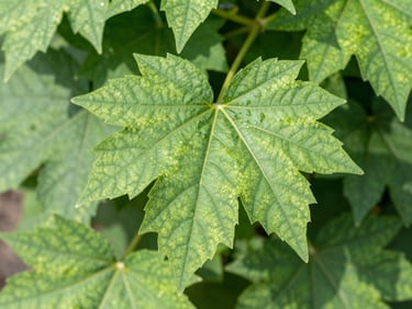 Macro shot of vibrant green leaves showing healthy venation, under bright, natural light.