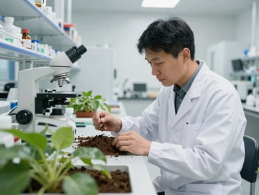Agronomist in a white laboratory coat analyzing soil samples with modern scientific equipment, bright clean laboratory lighting, sharp focus