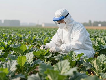 Agronomist inspecting a healthy crop field, focused on a specific plant, with protective gear, clear daylight.
