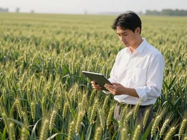 Agronomist examining lush, high-yield wheat crop under crisp morning sunlight, tablet in hand, field stretching to horizon