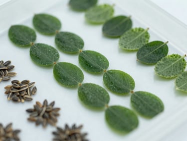 Close-up of various seeds neatly arranged on a laboratory tray, bright, clean lighting.