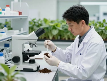 Clean, modern agricultural laboratory, scientist in lab coat analyzing soil sample under bright lighting, precision equipment