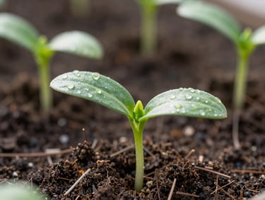 Macro shot of a healthy seedling sprouting from fertile soil, bathed in soft morning light.