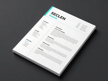 Clean overhead flat-lay of a modern executive CV template, structured grid layout, crisp technical aesthetic
