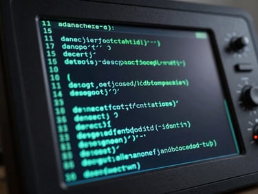 Sleek diagnostic terminal screen displaying clean monospace code lines, dark charcoal background, neon cyan highlights, high contrast