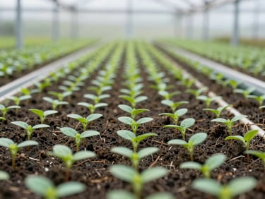 Macro shot of young saplings in structured rows at a high-tech conservation nursery, bright overcast light, 35mm