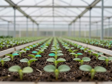 Macro shot of young green saplings growing in structured neat rows inside a modern greenhouse nursery, crisp overcast daylight, sharp focus