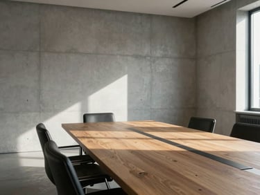 An empty modern boardroom flooded with crisp, natural daylight, featuring minimalist concrete walls and a large oak table.