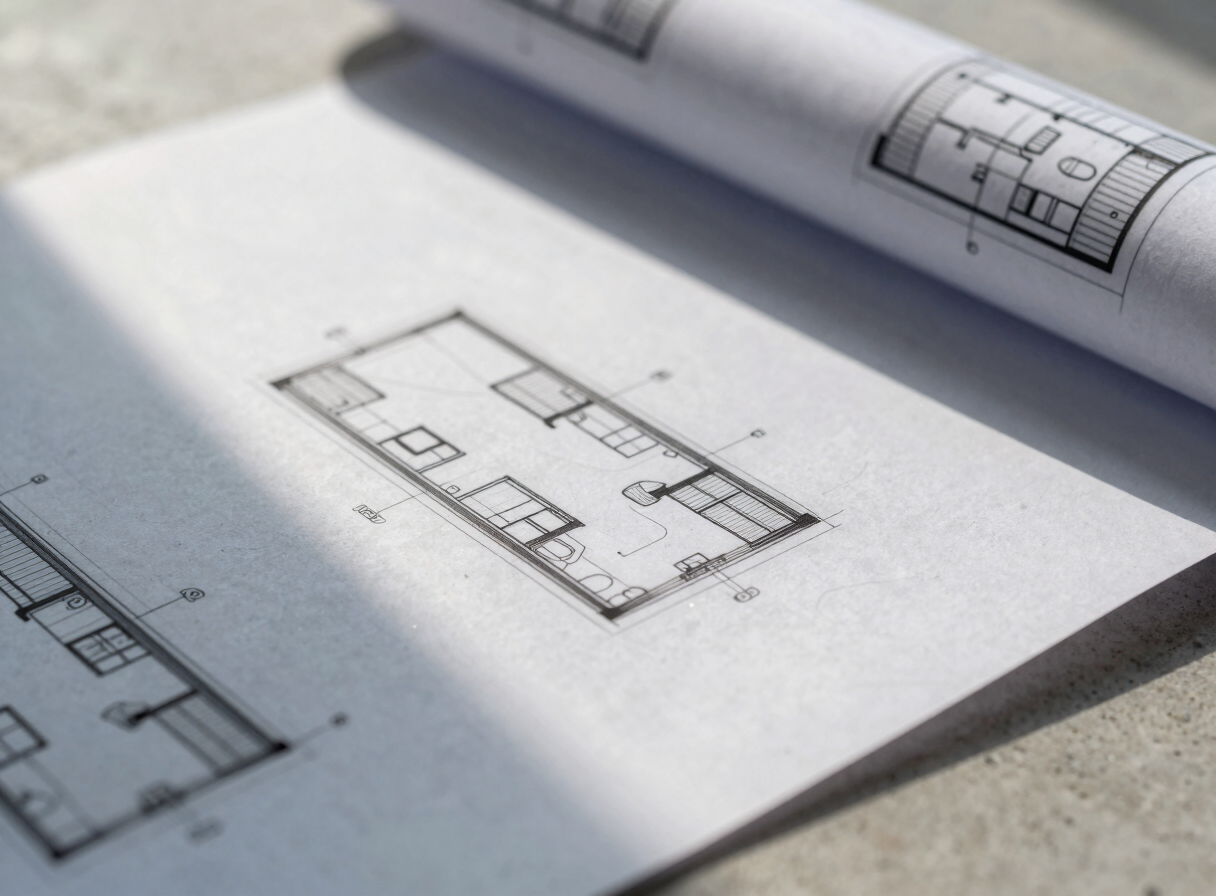 Macro close-up of architectural blueprints resting on a clean concrete surface, flooded with natural morning light.