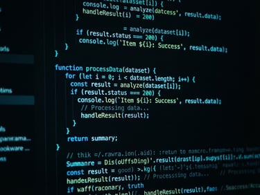 Macro shot of clean code on a dark screen with glowing neon cyan accents, sharp focus, high-contrast studio lighting, 35mm