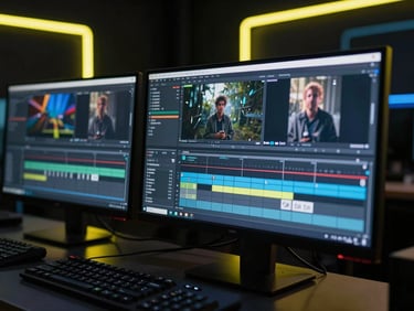 Close-up of a modern editing suite, glowing monitors showing video timelines, dark room with neon backlighting.