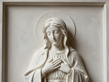 Close-up de quadro religioso em gesso 3D, relevo profundo de figura sacra, luz lateral dramática, textura mineral, 50mm, editorial.