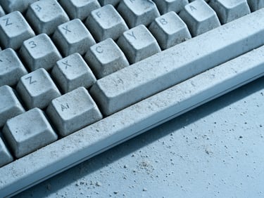 Macro shot of a dusty computer keyboard and desk surface under harsh side lighting, showing grime and particles, 35mm