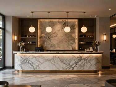 Wide shot of a boutique hotel lobby reception area, warm pendant lighting above a marble desk, no guests, early morning stillness, available light