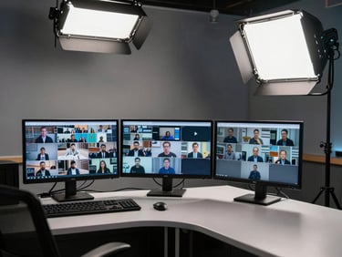 Corner of a broadcast studio production desk, a monitor showing live programme feed, studio lighting rigs visible above, cool-neutral light, no presenter
