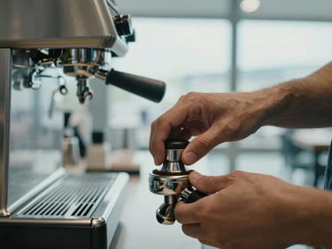 Close-up of a barista's hands tamping espresso grounds on a professional group head, airport café counter visible in soft background, cool natural window light, no faces