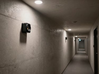 Empty hotel corridor at night, sensor cluster mounted on wall to the left third, recessed ceiling lighting in a long perspective line, neutral concrete and steel finishes, no people