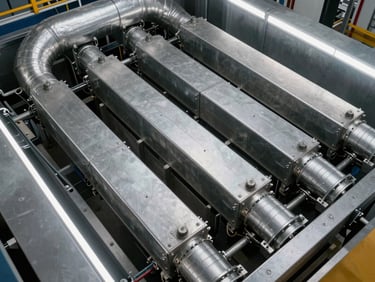 Overhead technical angle looking down a commercial tower mechanical floor, HVAC ducting and junction boxes in ordered rows under industrial strip lighting, no people, matte steel surfaces