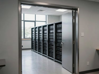 Wide shot through a doorway into an empty university data room, rack-mounted edge hardware visible in background, north-facing daylight from a high window, brushed aluminum panels, no people