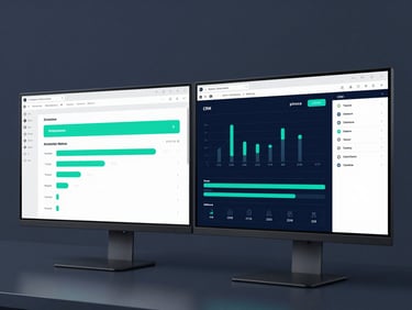 Sleek technology photography, dual-monitor setup showing clean CRM pipelines and automated dashboards, cool-toned crisp studio light, deep navy and electric teal accents, sharp focus, 35mm