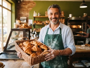 Warm, authentic portrait of a Gabonese baker holding a basket of fresh golden croissants inside a sunlit bakery in Libreville, bright natural daylight, rich green accents, 35mm, shallow depth of field, highly appetizing.