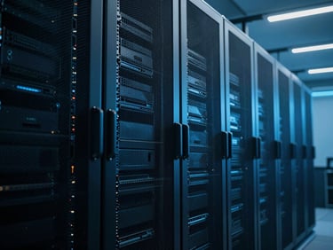 Extreme wide structural shot of high-end server racks in a London data center, cool blue neon lighting, sharp shadows, technical precision.