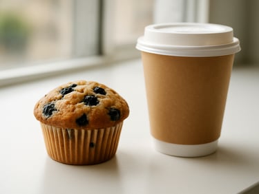 Single Bluepop blueberry cup on a café counter beside a takeaway coffee cup, bright natural daylight from a side window, minimal styling, clean white counter surface