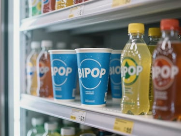 Bluepop cup displayed in a gas station retail cooler beside energy drinks, bright studio-style fluorescent lighting, product label sharp and clear, clean neutral shelving
