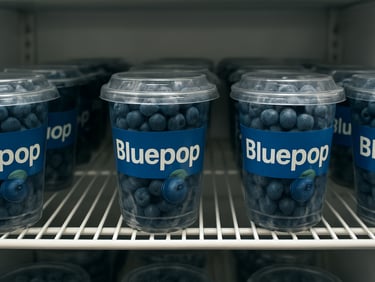 Close-up of Bluepop blueberry cups arranged inside a compact convenience store cooler shelf, bright overhead store lighting, product labels visible, neutral background