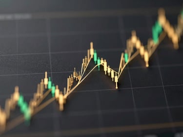 Abstract 3D render of a stock market index graph, dark obsidian background, gold and white data lines, high-contrast studio lighting.