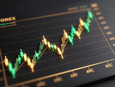 Abstract 3D render of a glowing chart representing Forex currency pairs, dark obsidian background, gold and emerald accents, high-contrast studio lighting.