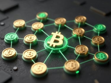Abstract 3D render of a glowing blockchain network with crypto symbols, dark obsidian background, emerald green accents, high-contrast studio lighting.