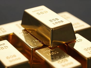 Macro shot of gold bullion bars stacked, with dramatic gold rim lighting and reflections on a dark background.