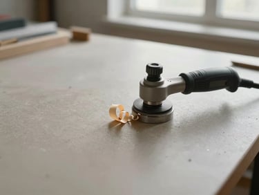 Overhead wide shot of a clean studio bench with a handheld rotary shaping tool mid-motion, thin shavings curling away from the contact point, soft diffused daylight from a north-facing window, neutral sand-gray surface
