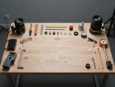Wide studio bench shot from above — a systematic arrangement of prototyping tools, measuring instruments, and small formed pieces in progress, cool north-facing light, no clutter, precise negative space