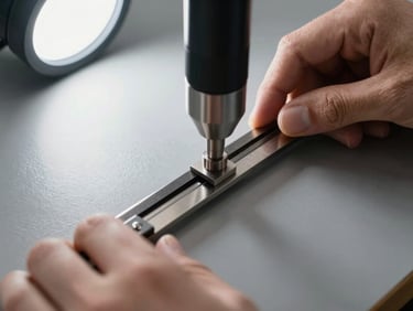 Extreme close-up overhead shot of hands operating a precision scoring blade across a flat surface on a gray worktable, tool contact point sharp in focus, north-facing studio light, minimal background