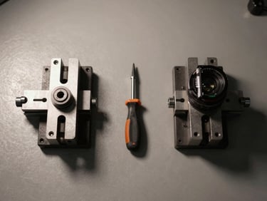 Tight overhead frame of a workbench surface with two assembly jigs aligned side by side, a hand-tool resting between them, crisp shadow lines from a studio strobe set low and directional, warm-gray neutral background
