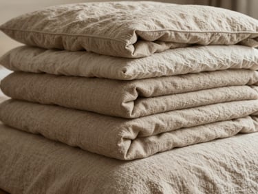 A elegant stack of thick, folded wool blankets and organic linen duvets, warm oatmeal tones, soft side lighting.