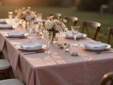 Beautifully styled outdoor tablescape at sunset, dusty rose linens, fine crystal catching the warm golden light, shallow depth of field.