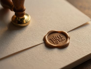 Macro detail shot of custom letterpress stationery on thick handmade paper with deep indentation and a delicate wax seal, warm golden-hour light.