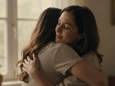 Candid medium shot of a mother and daughter sharing an authentic, emotional embrace, soft window light, warm-toned editorial style.