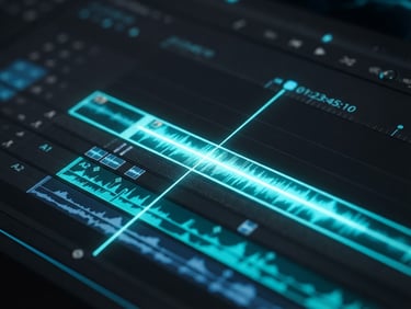 Sleek dark-mode UI photography showing a high-fidelity video editing timeline with glowing cyan light trails and neon accents, macro shot.