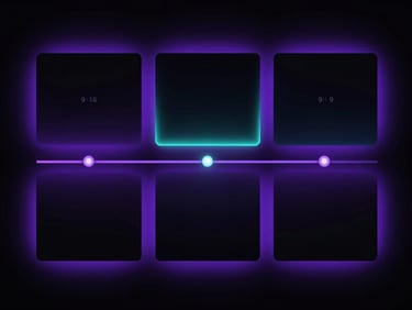 Sleek dark-mode UI photography of a video generation timeline, highlighting 9:16 and 16:9 aspect ratio presets with glowing purple backlighting.