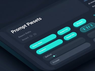 Isometric software layout of an AI image editor interface, displaying prompt presets, aspect ratio selectors, and high-contrast cyan buttons.